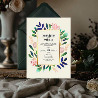 Colorful Floral Minimalist Wedding Invitation Set - 5x7 Invitation, 4x7 Details, 3.5.x5 RSVP