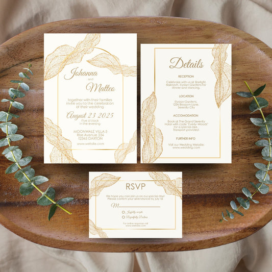 Boho Minimalist Banana Leaves Wedding Invitation Set - 5x7 Invitation, 4x5 Details, 3.5.x5 RSVP