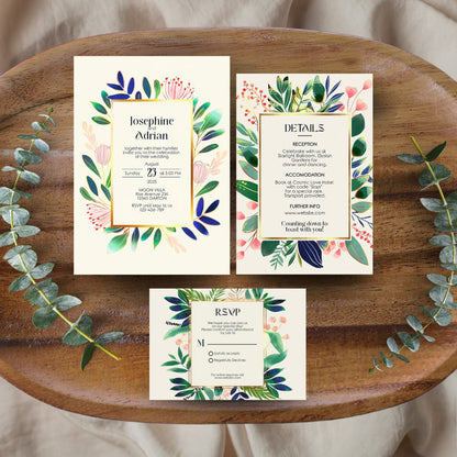 Colorful Floral Minimalist Wedding Invitation Set - 5x7 Invitation, 4x7 Details, 3.5.x5 RSVP