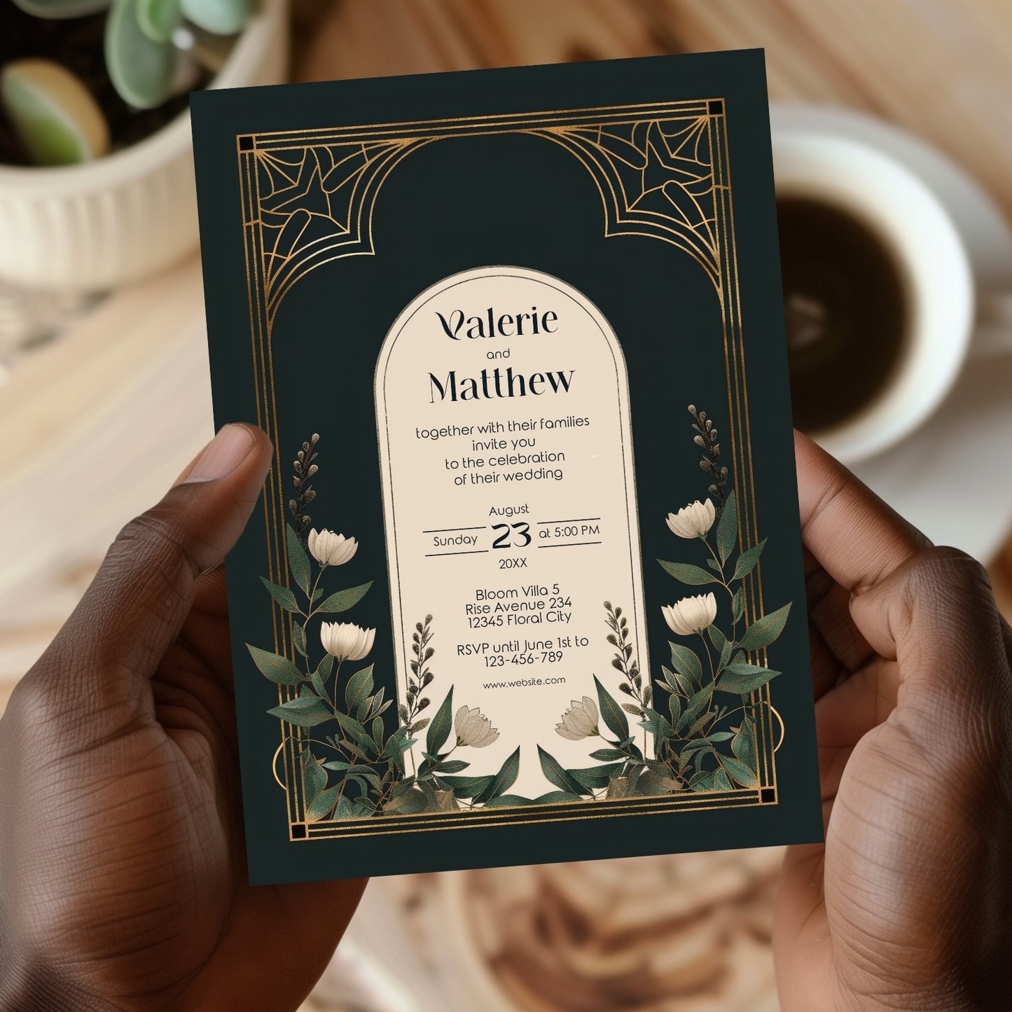 Elegant Forest Green & Gold Art Deco Wedding Invitation