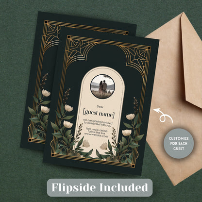 Elegant Forest Green & Gold Art Deco Wedding Invitation