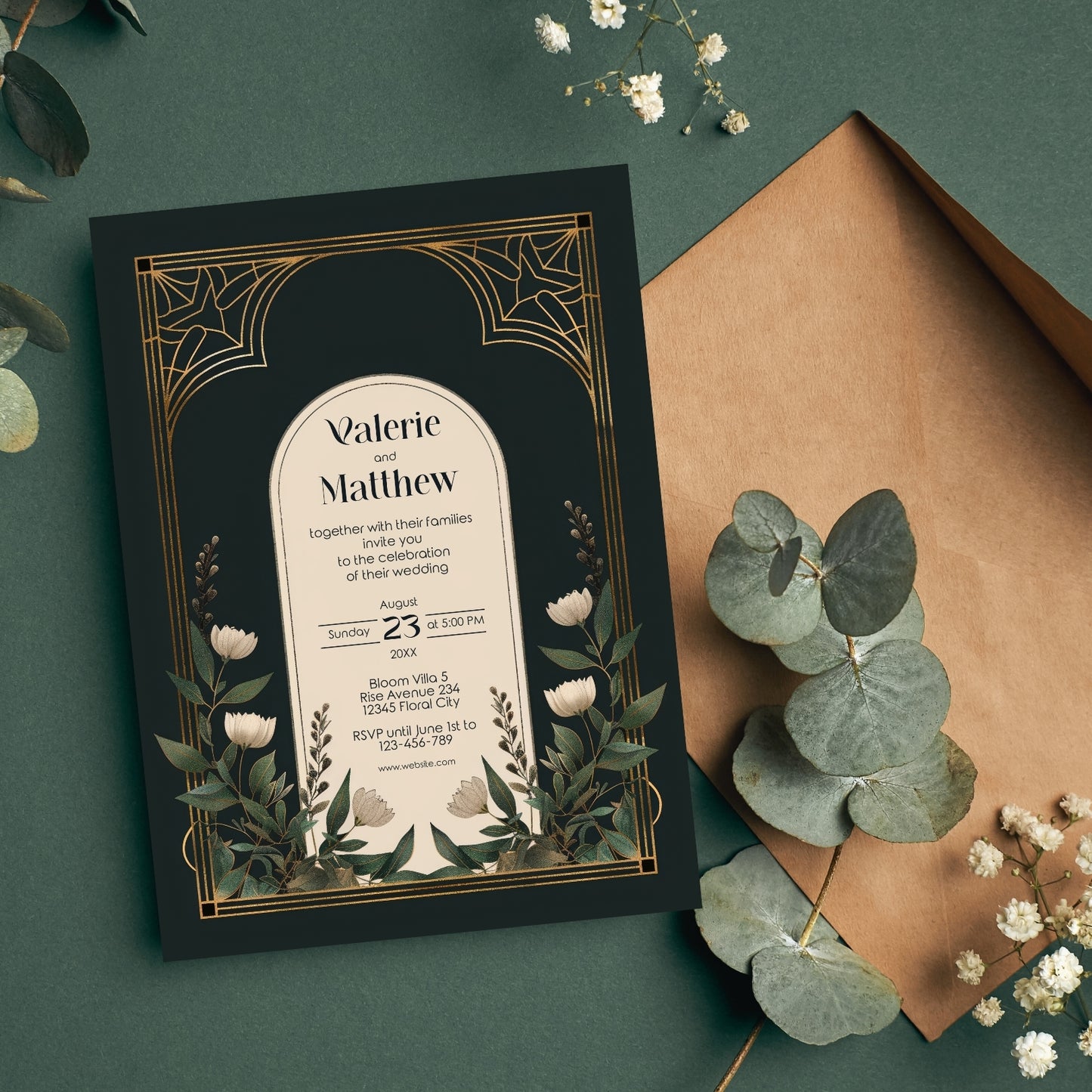 Elegant Forest Green & Gold Art Deco Wedding Invitation