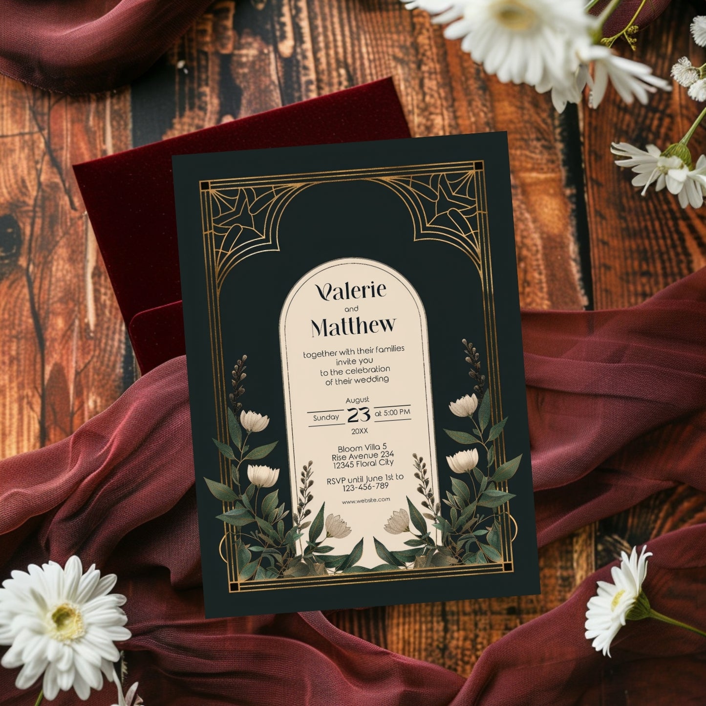 Elegant Forest Green & Gold Art Deco Wedding Invitation