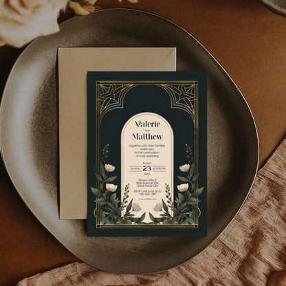 Elegant Forest Green & Gold Art Deco Wedding Invitation