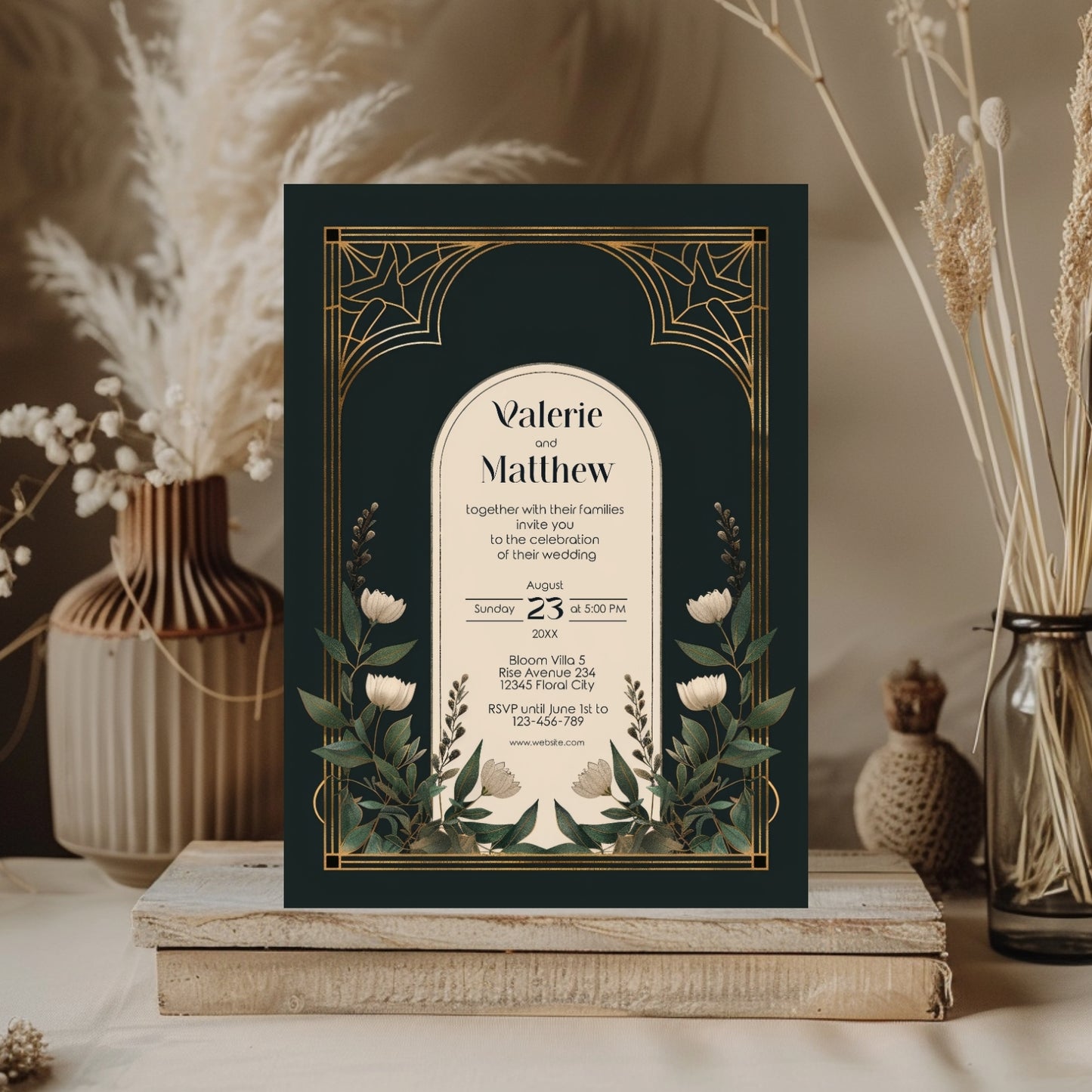 Elegant Forest Green & Gold Art Deco Wedding Invitation