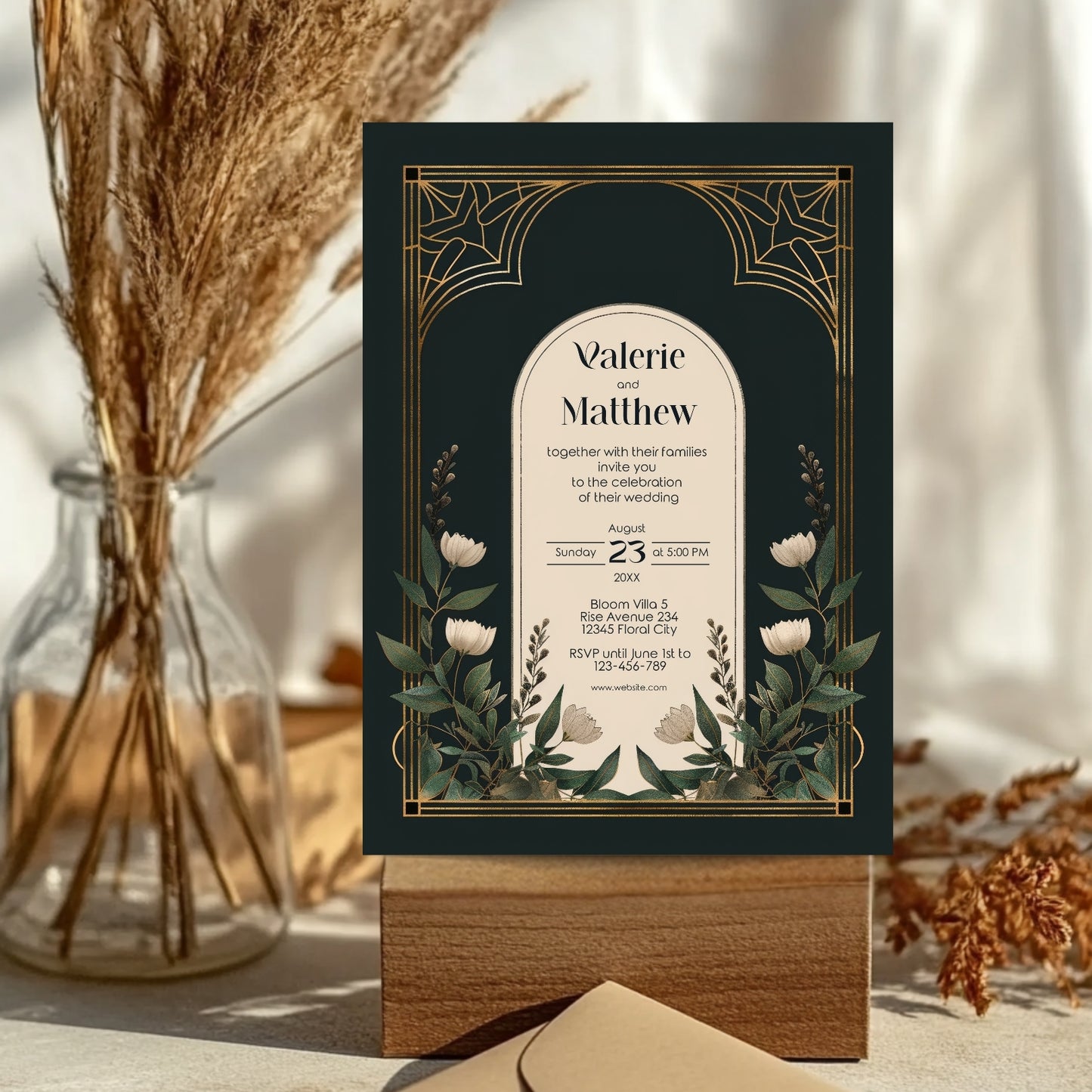 Elegant Forest Green & Gold Art Deco Wedding Invitation