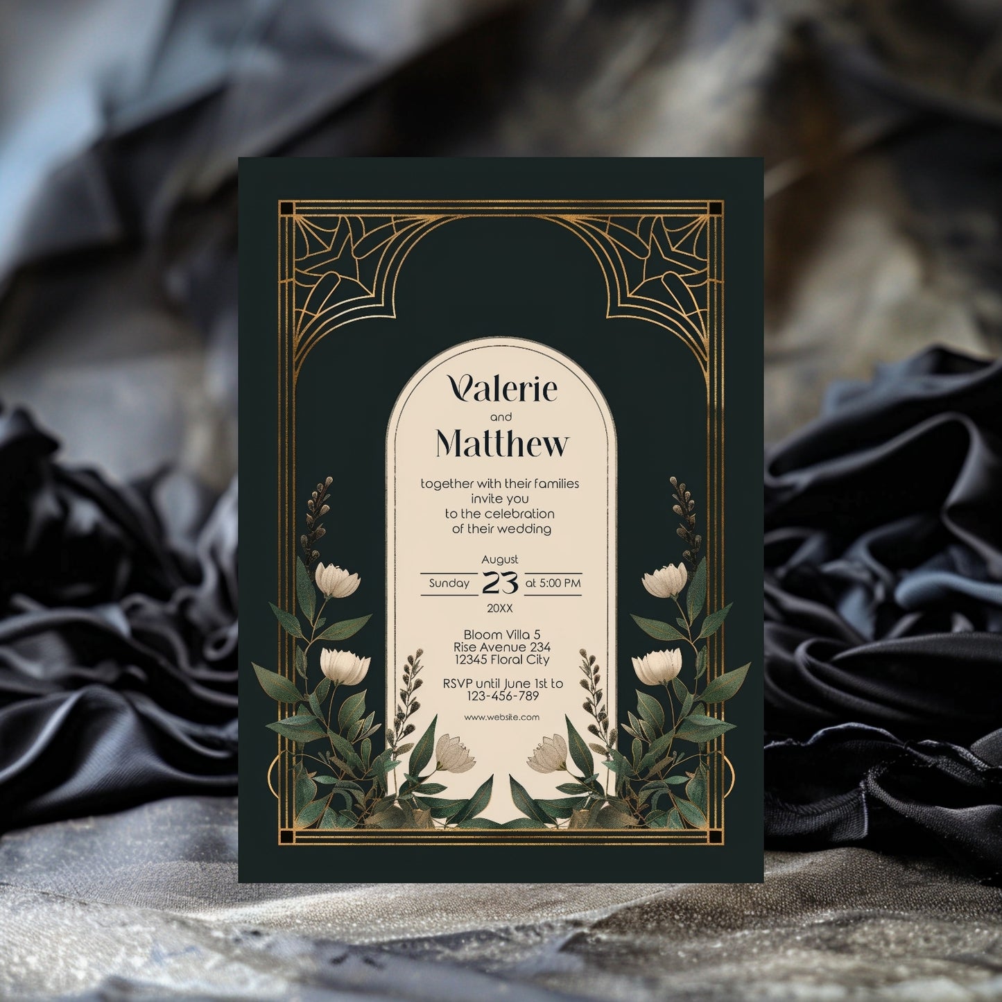 Elegant Forest Green & Gold Art Deco Wedding Invitation