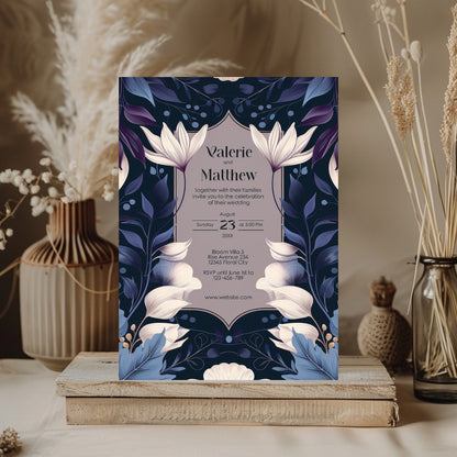 Dark Botanical Art Nouveau Wedding Invitation with Lilies