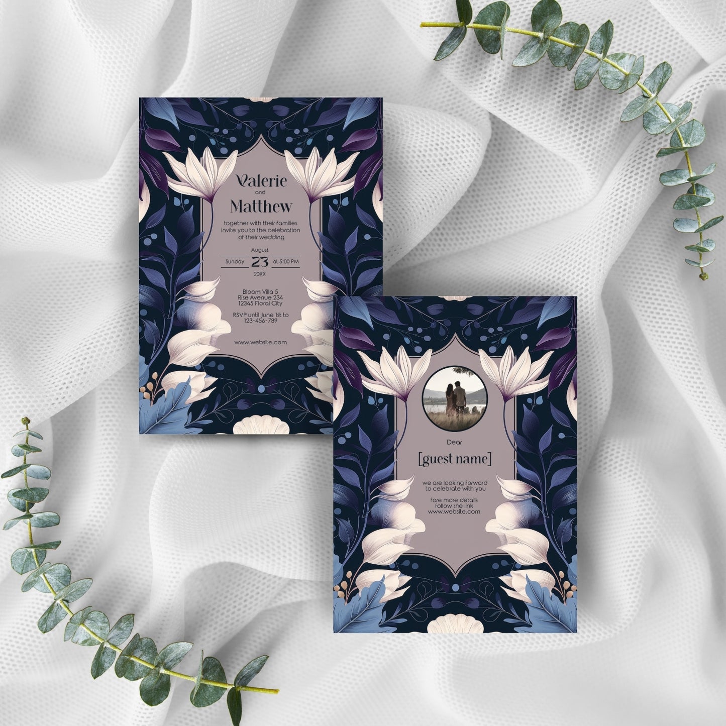 Dark Botanical Art Nouveau Wedding Invitation with Lilies