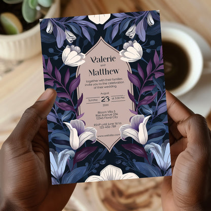 Blue and Purple Botanical Art Nouveau Wedding Invitation