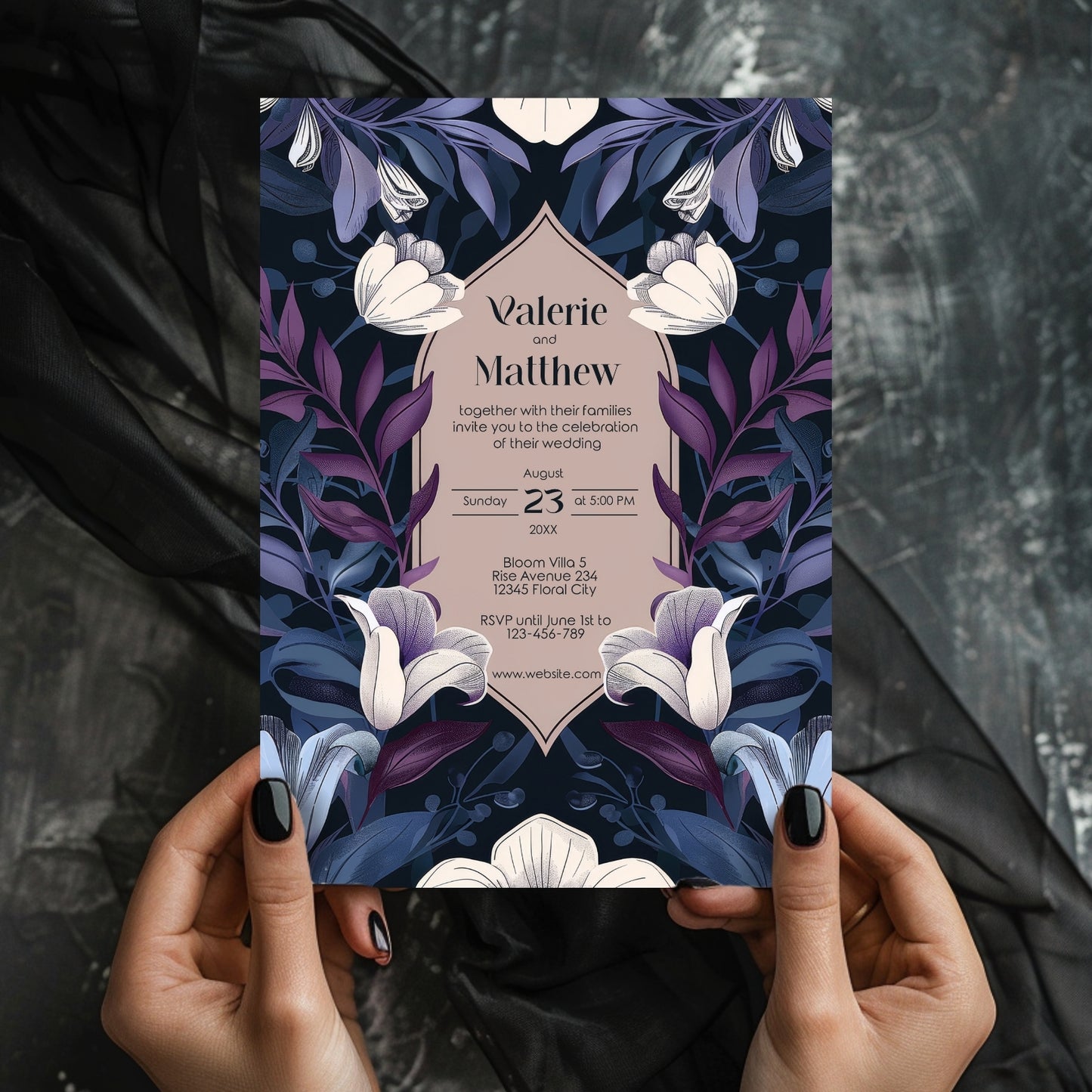 Blue and Purple Botanical Art Nouveau Wedding Invitation