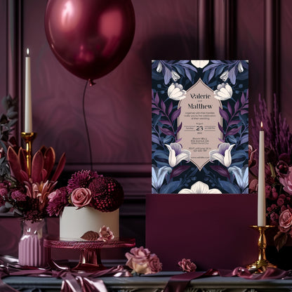 Blue and Purple Botanical Art Nouveau Wedding Invitation