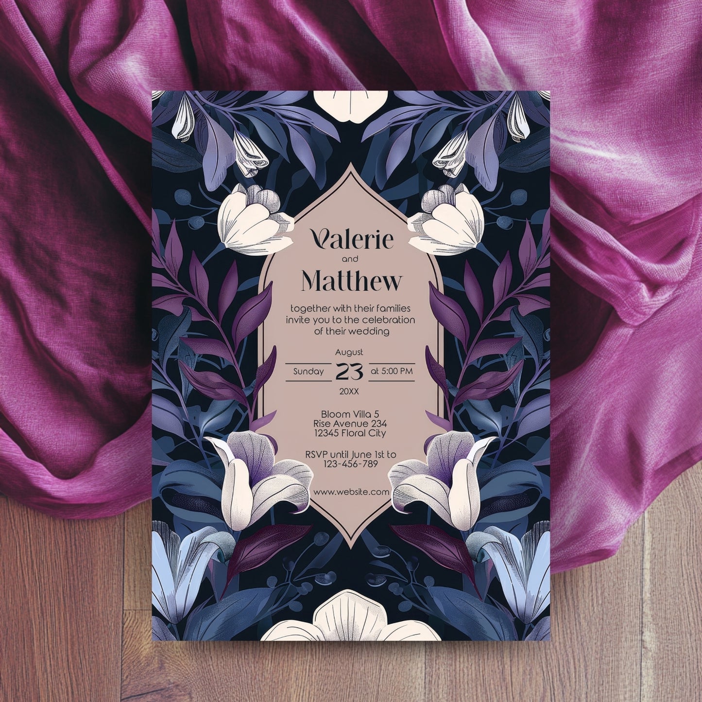 Blue and Purple Botanical Art Nouveau Wedding Invitation