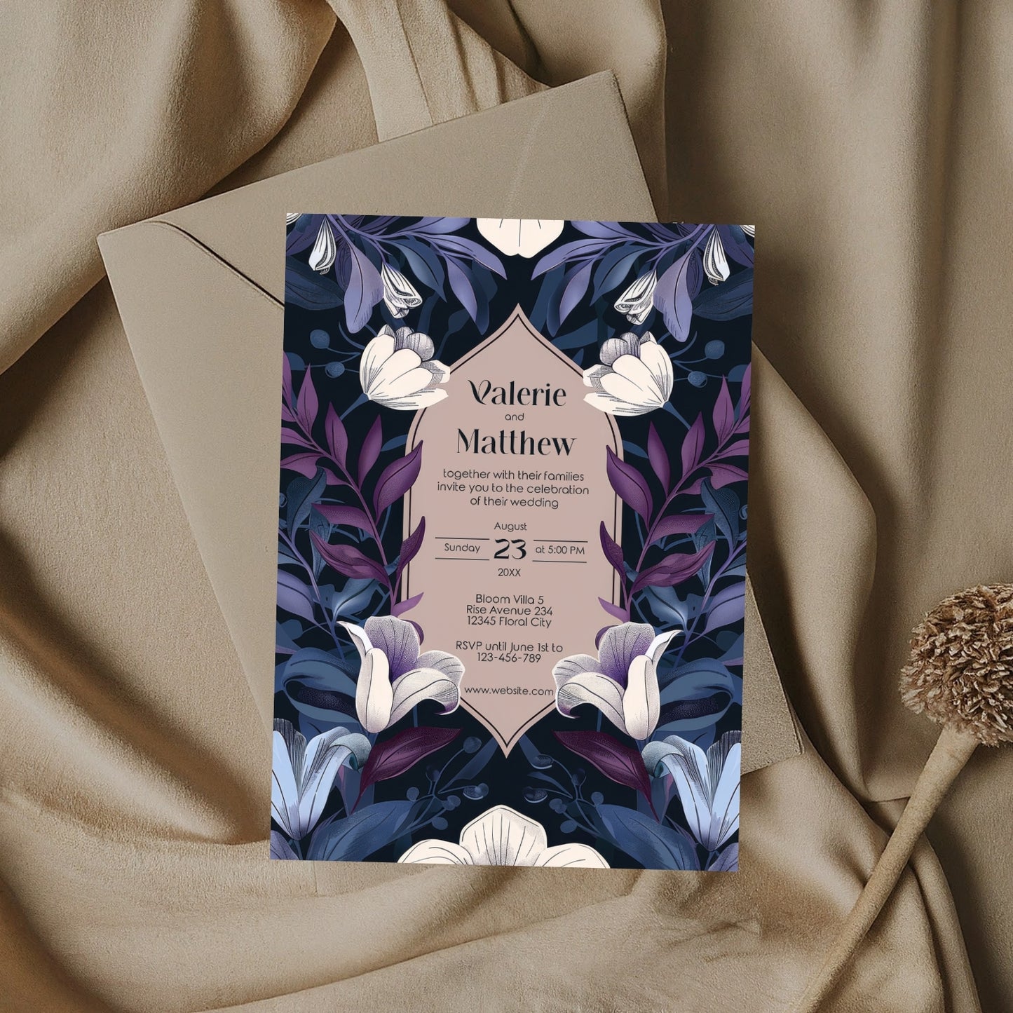 Blue and Purple Botanical Art Nouveau Wedding Invitation