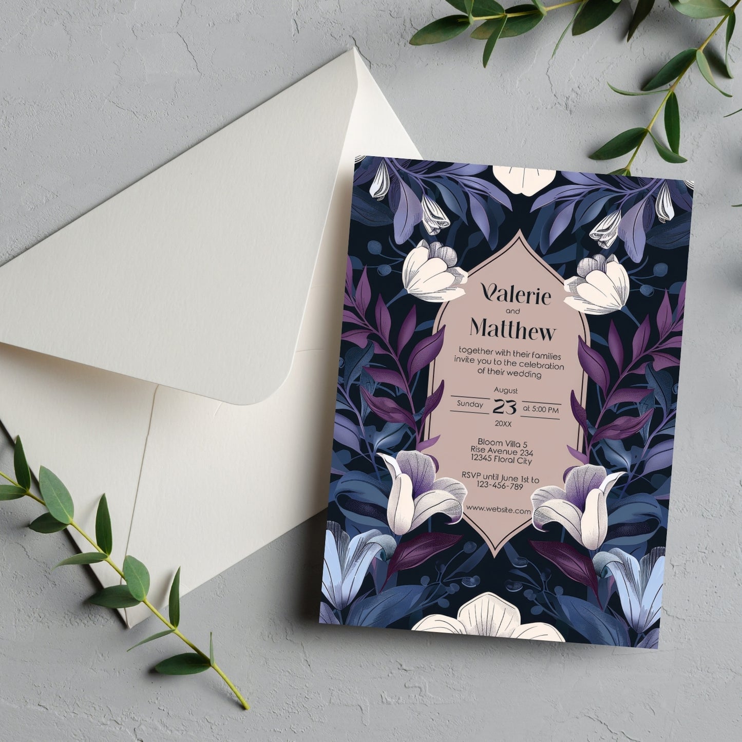 Blue and Purple Botanical Art Nouveau Wedding Invitation