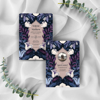 Blue and Purple Botanical Art Nouveau Wedding Invitation