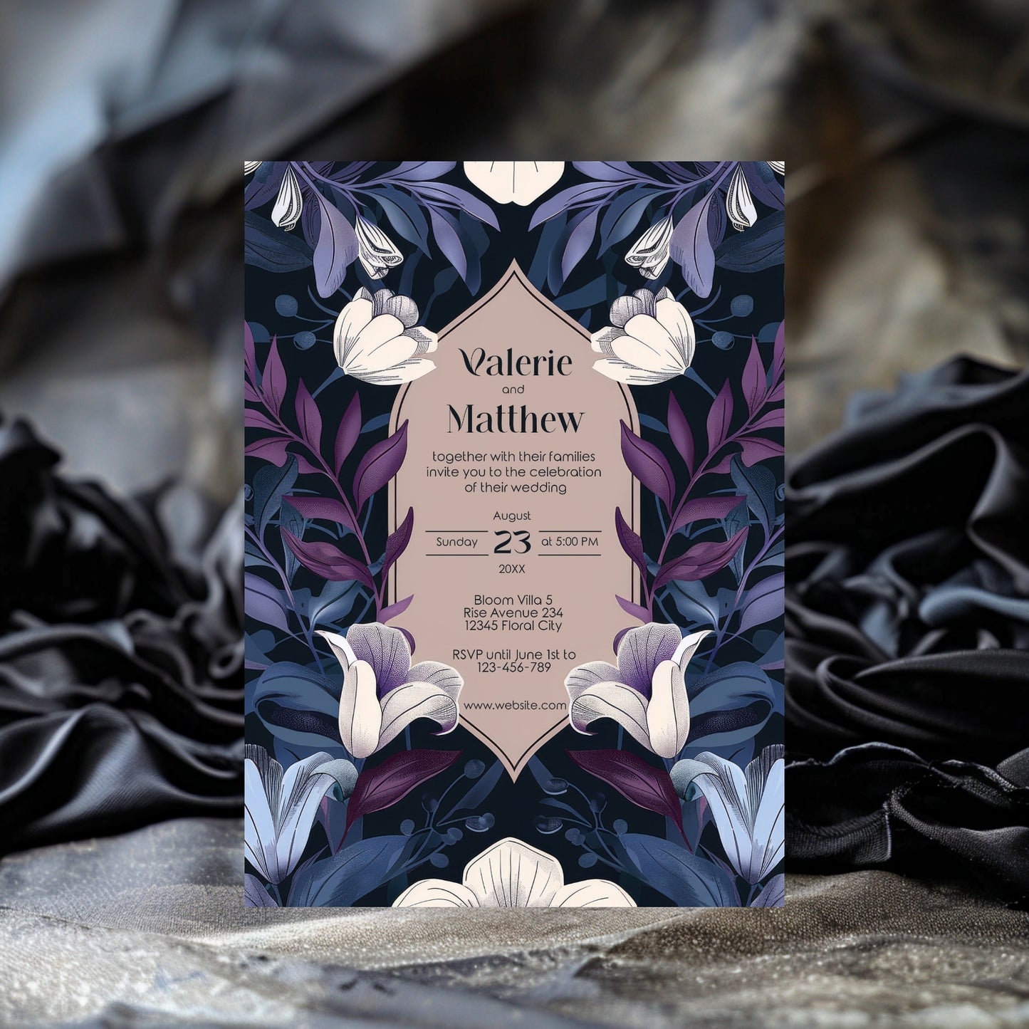 Blue and Purple Botanical Art Nouveau Wedding Invitation