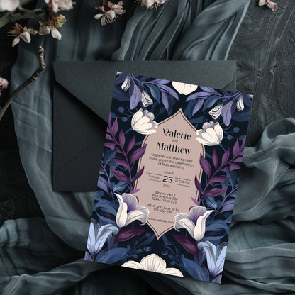 Blue and Purple Botanical Art Nouveau Wedding Invitation