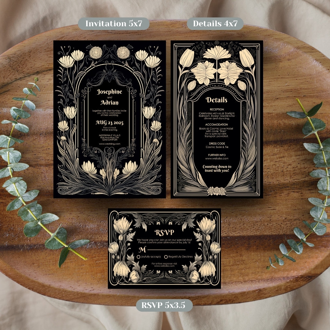 Cream Gothic Floral Wedding Invitation Set - 5x7 Invitation, 4x7 Details, 3.5.x5 RSVP