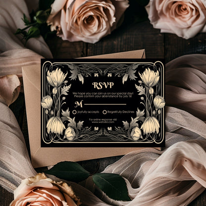 Cream Gothic Floral Wedding Invitation Set - 5x7 Invitation, 4x7 Details, 3.5.x5 RSVP