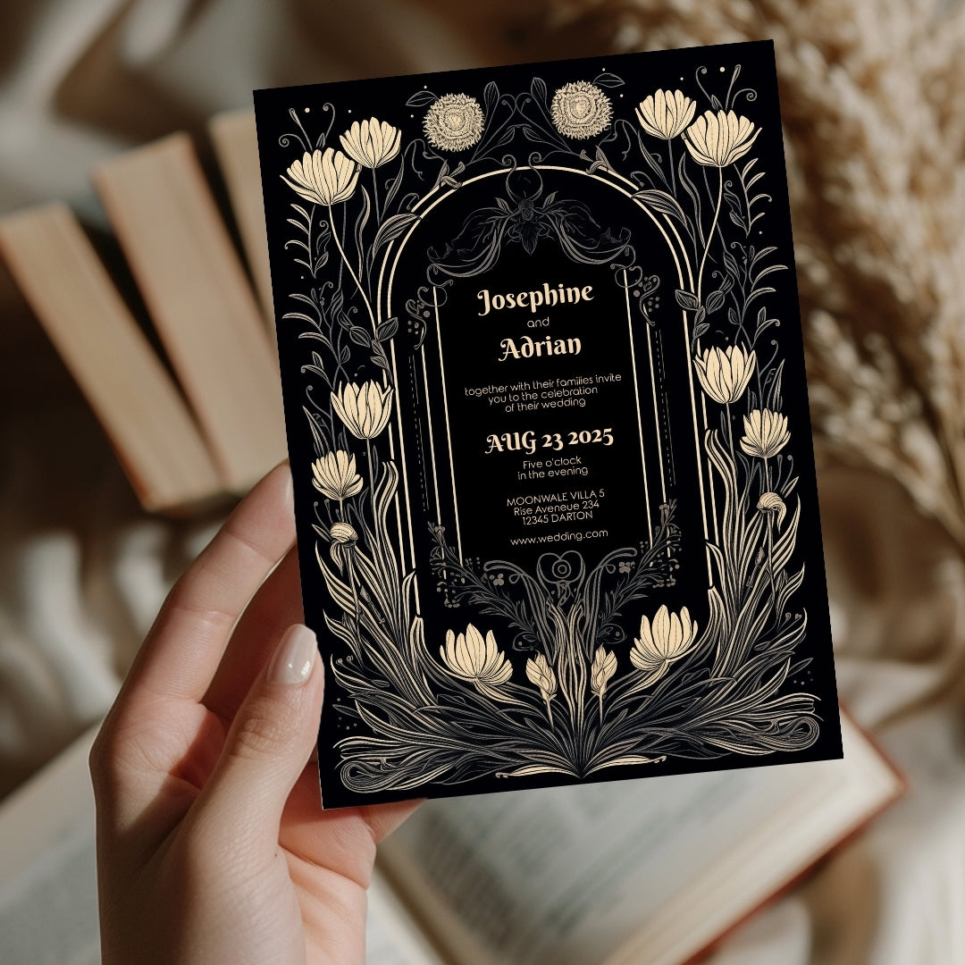 Cream Gothic Floral Wedding Invitation Set - 5x7 Invitation, 4x7 Details, 3.5.x5 RSVP