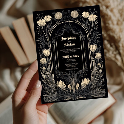 Cream Gothic Floral Wedding Invitation Set - 5x7 Invitation, 4x7 Details, 3.5.x5 RSVP