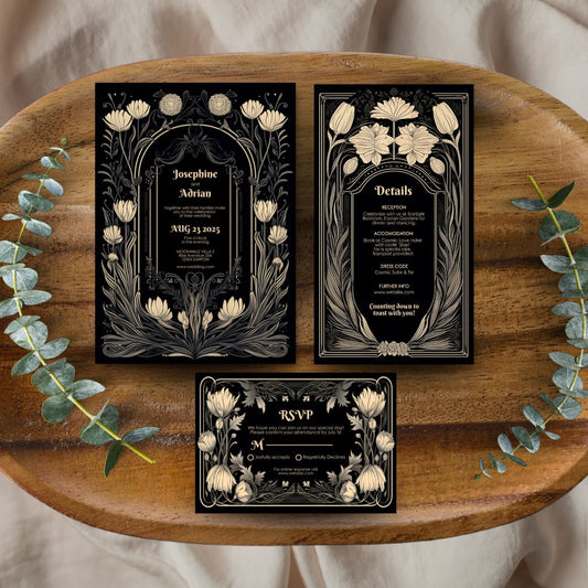 Cream Gothic Floral Wedding Invitation Set - 5x7 Invitation, 4x7 Details, 3.5.x5 RSVP