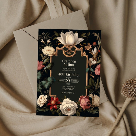 Luxurious Gothic Baroque Birthday Invitation - Elegant Black and Gold Design with Floral Motifs