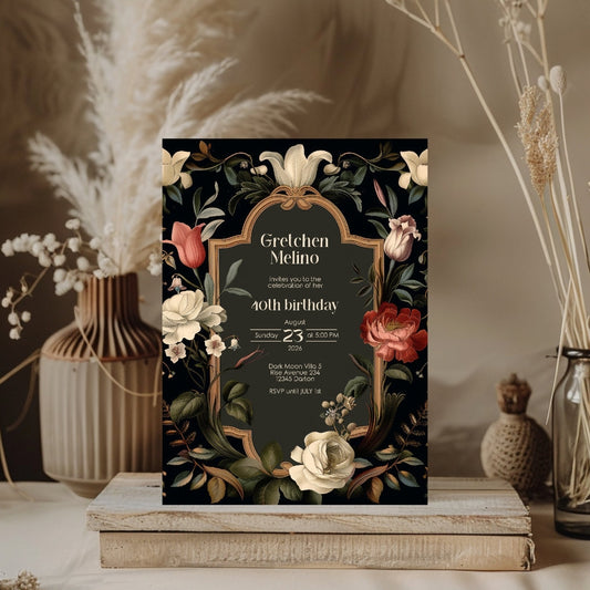 Dark Floral Baroque Birthday Invitation