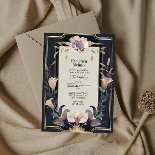 Luxurious Vintage Royal Birthday Invitation - Dark Navy and Gold Design with Regal Floral Accents