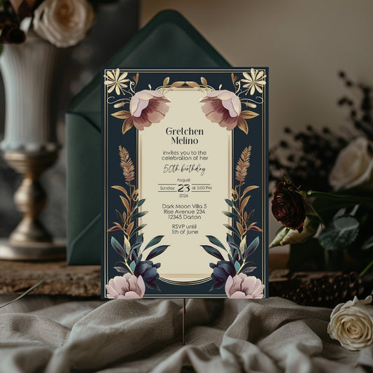 Exquisite Vintage Royal Birthday Invitation - Elegant Dark Navy and Gold Floral Design