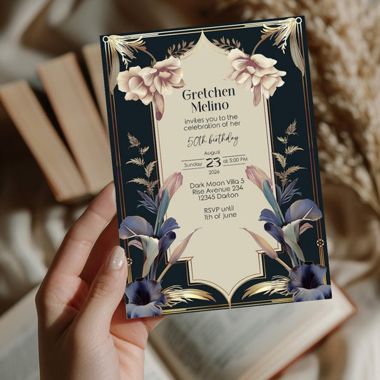 Luxurious Vintage Royal Birthday Invitation - Elegant Dark Navy and Gold Design with Floral Accents