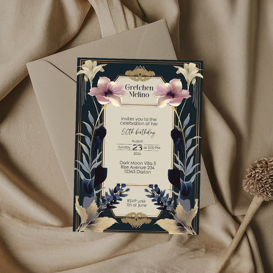 Regal Vintage Birthday Invitation - Dark Navy and Gold Floral Design