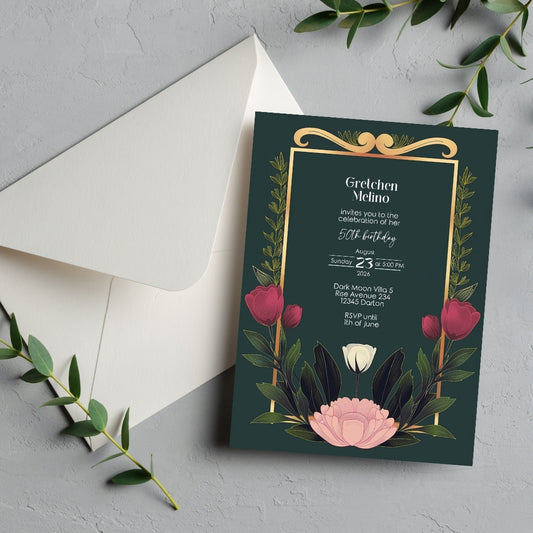 Elegant Modern Botanical Birthday Invitation - Luxurious Dark Green Design with Floral Accents