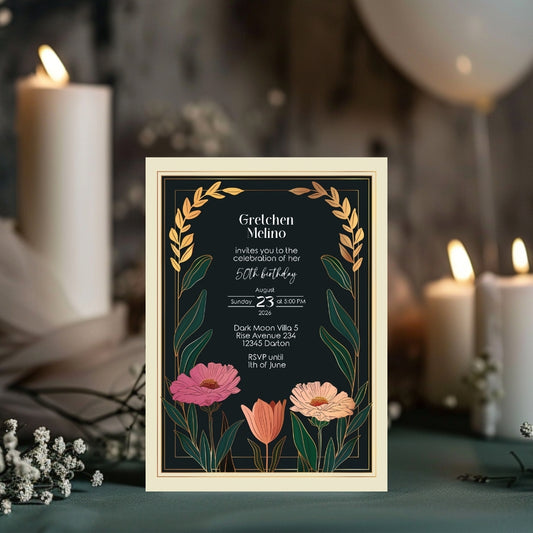 Elegant Modern Botanical Birthday Invitation - Luxurious Black and Gold Design with Floral Accents