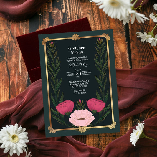 Modern Botanical Birthday Invitation - Luxurious Dark Green Design with Floral Accents