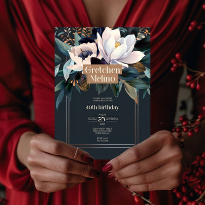 Elegant Botanical Birthday Invitation - Dark Floral Design