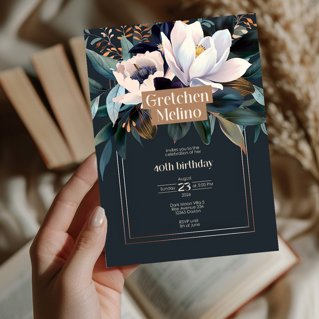 Elegant Botanical Birthday Invitation - Dark Floral Design