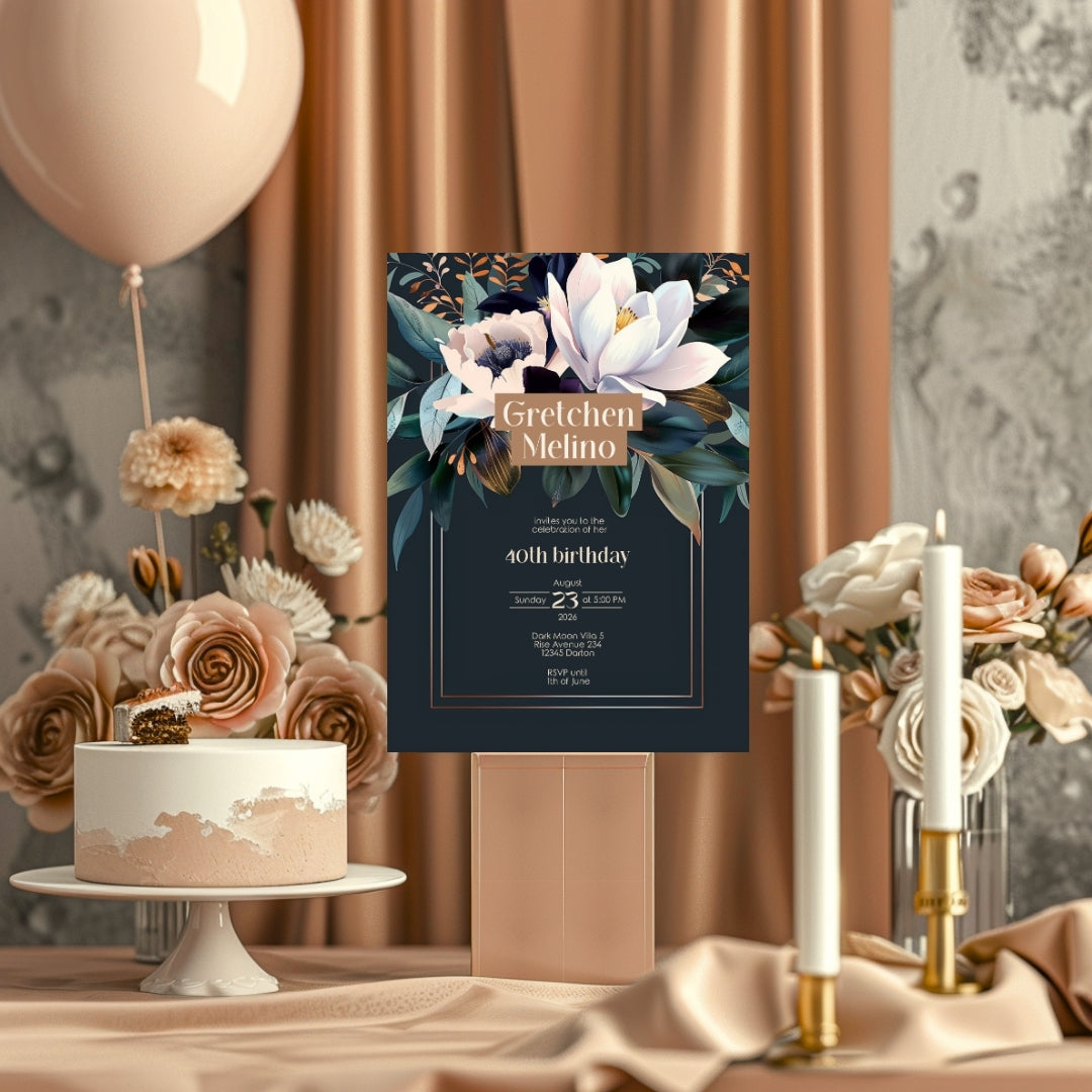 Elegant Botanical Birthday Invitation - Dark Floral Design