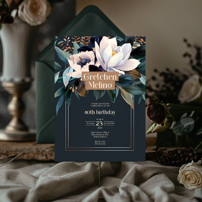 Elegant Botanical Birthday Invitation - Dark Floral Design