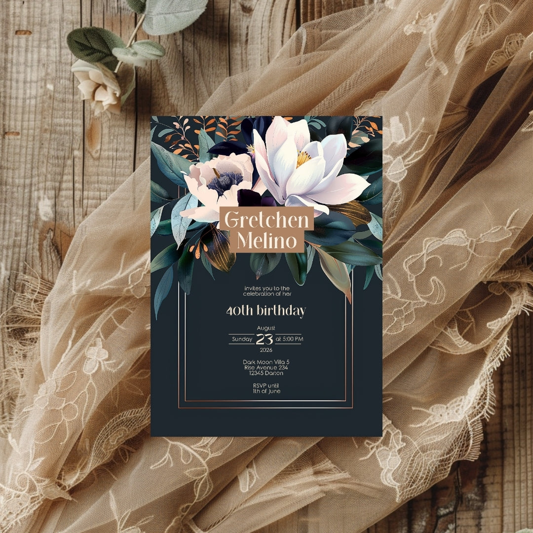 Elegant Botanical Birthday Invitation - Dark Floral Design