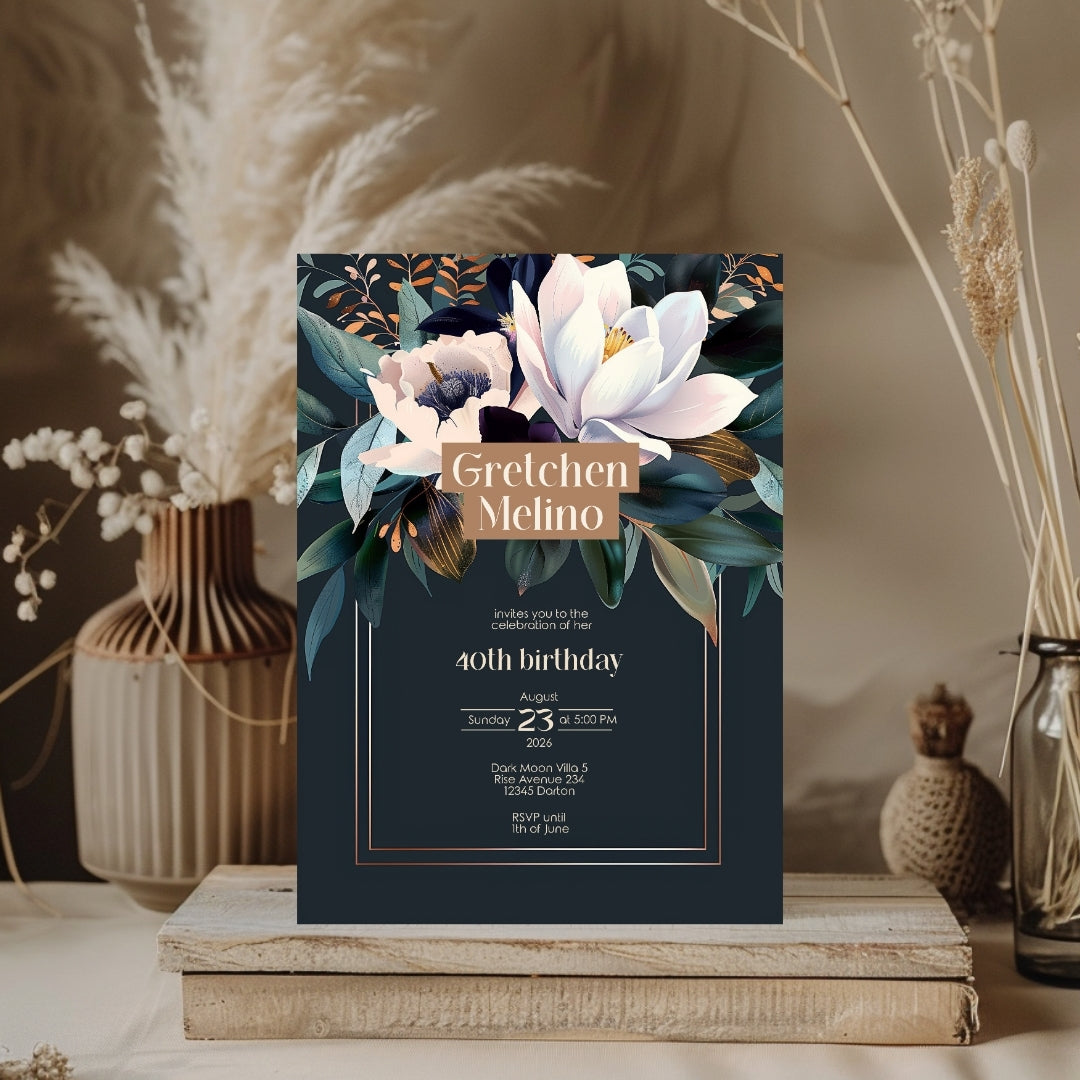 Elegant Botanical Birthday Invitation - Dark Floral Design