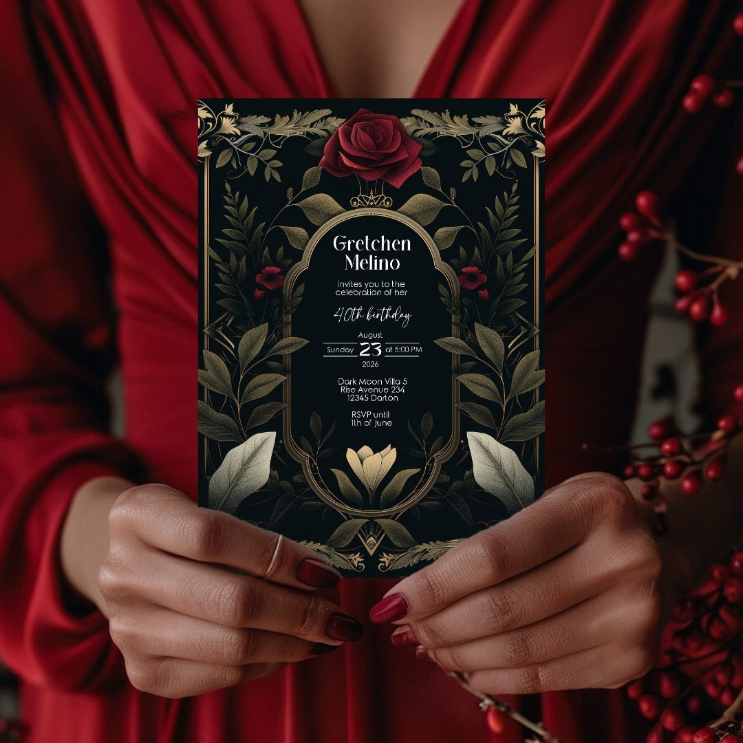 Luxurious Gothic Baroque Birthday Invitation - Elegant Dark Floral Design with Red Roses