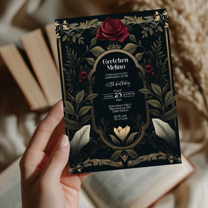 Luxurious Gothic Baroque Birthday Invitation - Elegant Dark Floral Design with Red Roses