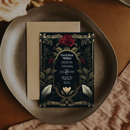 Luxurious Gothic Baroque Birthday Invitation - Elegant Dark Floral Design with Red Roses