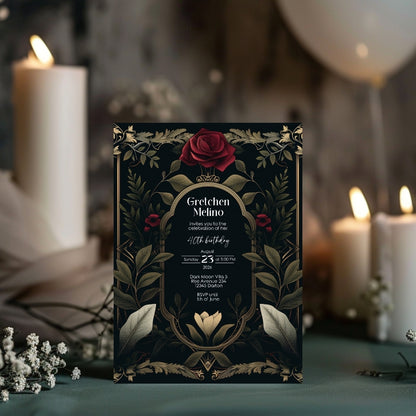 Luxurious Gothic Baroque Birthday Invitation - Elegant Dark Floral Design with Red Roses