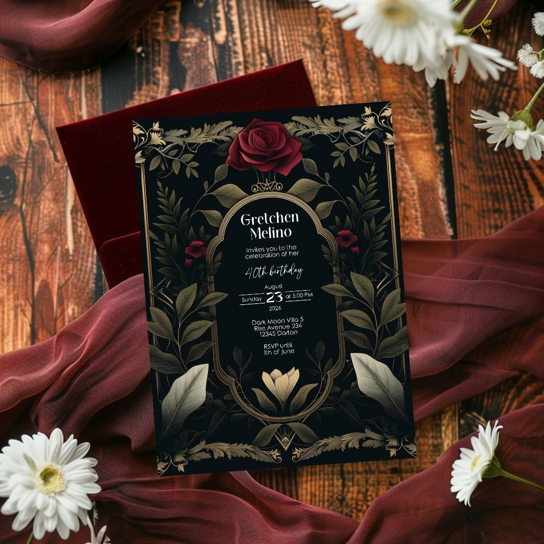 Luxurious Gothic Baroque Birthday Invitation - Elegant Dark Floral Design with Red Roses