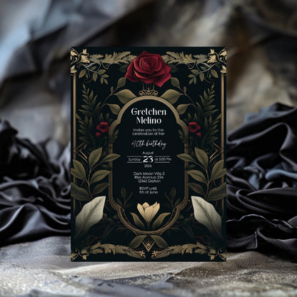 Luxurious Gothic Baroque Birthday Invitation - Elegant Dark Floral Design with Red Roses