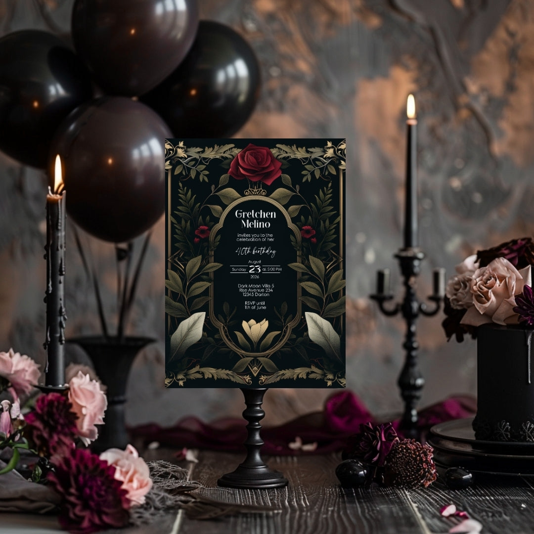 Luxurious Gothic Baroque Birthday Invitation - Elegant Dark Floral Design with Red Roses