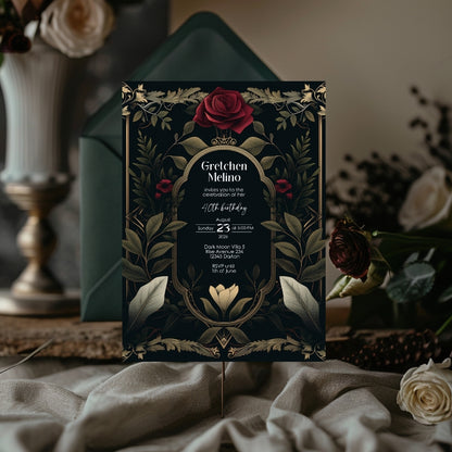 Luxurious Gothic Baroque Birthday Invitation - Elegant Dark Floral Design with Red Roses